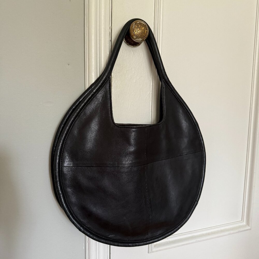 ANTHROPOLOGIE Black Julien Sheepskin Leather Bag Round Circle Handbag Tote